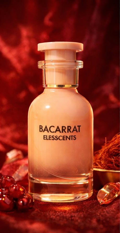 Elesscents Baccarat Inspired by MFK Baccarat Rouge 540 perfume bottle with elegant glass design and red liquid inside.