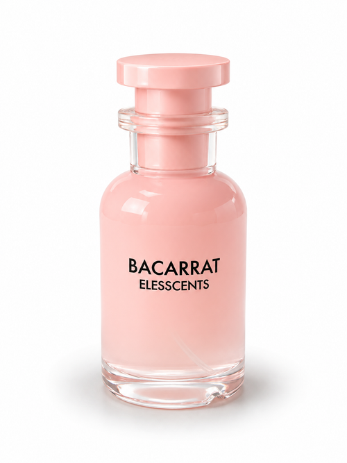 Pink Bacarrat Elesscents perfume bottle on a white background