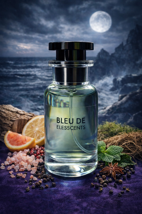 ELESSCENTS Bleu DÉ inspired by Chanel Bleu de Chanel fragrance bottle with sleek black cap and minimalist design.