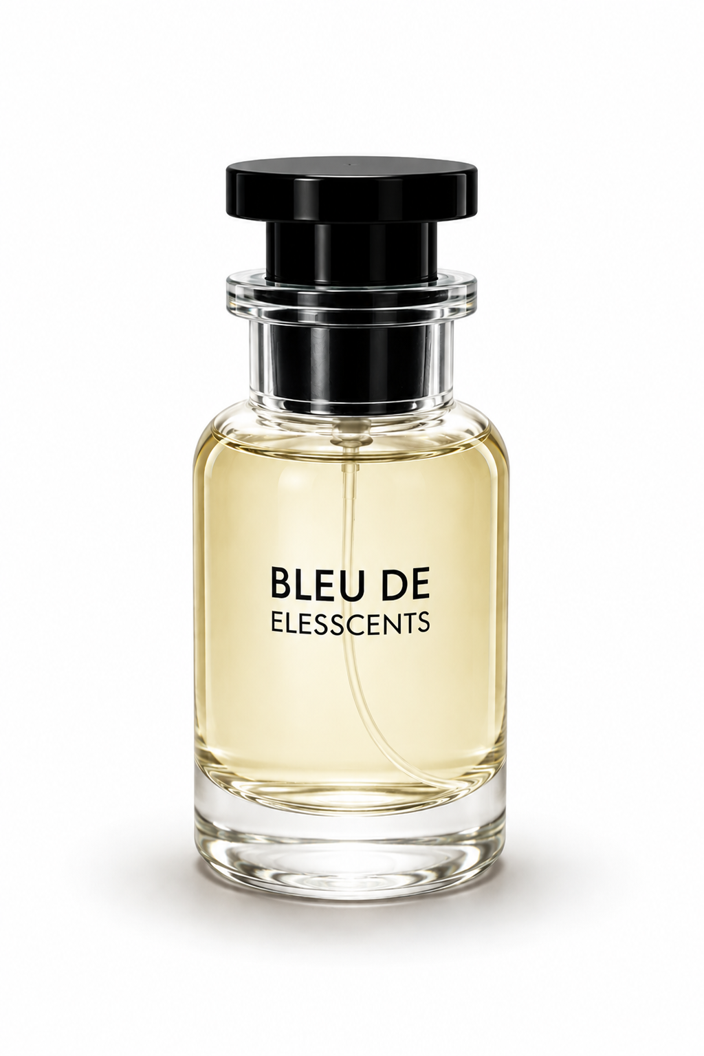 Perfume bottle labeled 'Bleu de Elesscents' on a white background