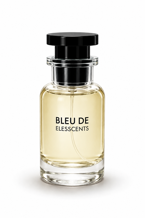 Perfume bottle labeled 'Bleu de Elesscents' on a white background