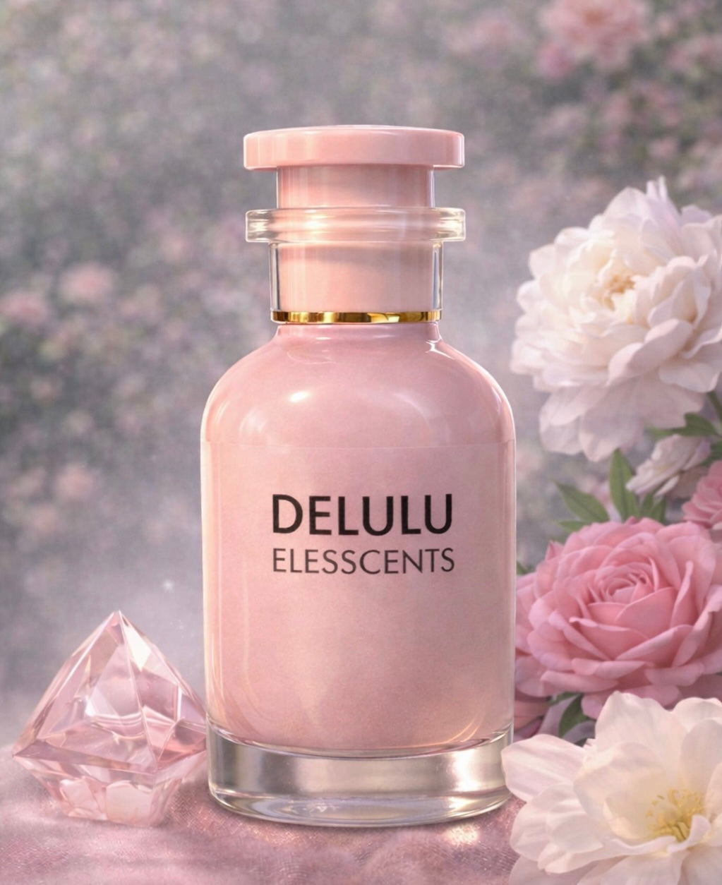 ELESSCENTS Delulu Inspired by PDM Delina Exclusive perfume bottle with elegant pink and gold floral design.