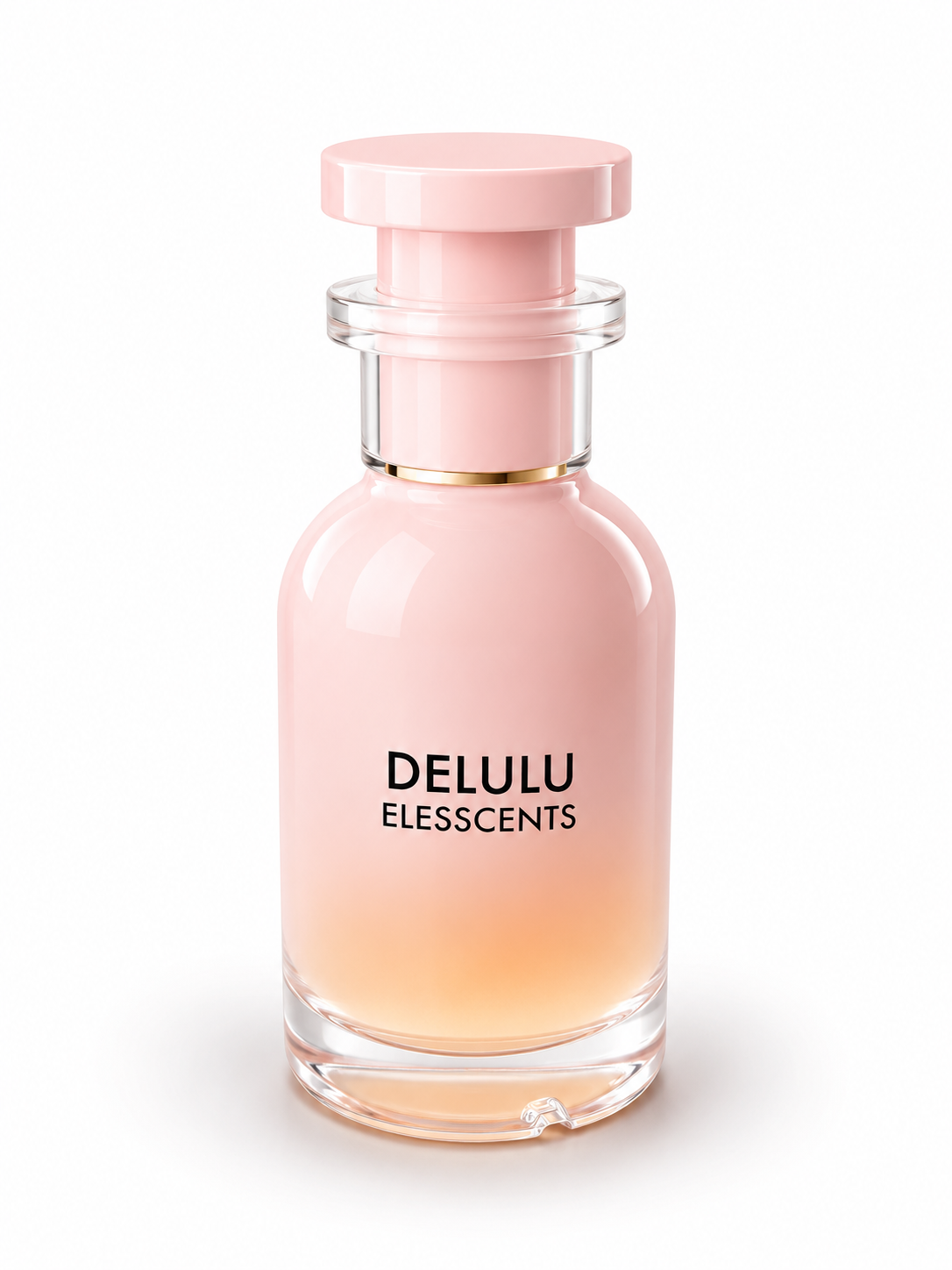 Pink perfume bottle with 'DELULU' branding on a white background