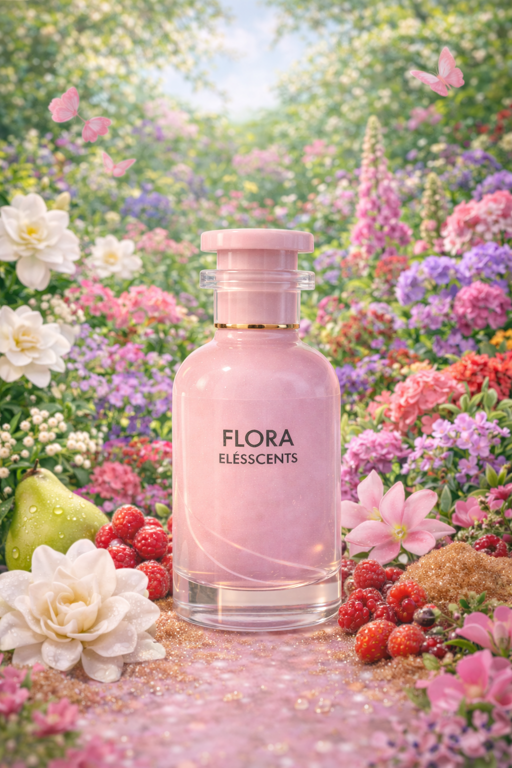 Elesscents Flora Inspired by Gucci Flora Gorgeous Gardenia perfume bottle with floral design and elegant packaging.