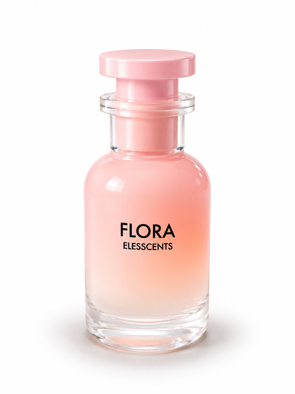 Perfume bottle labeled 'Flora Elesscents' with a pink cap on a white background