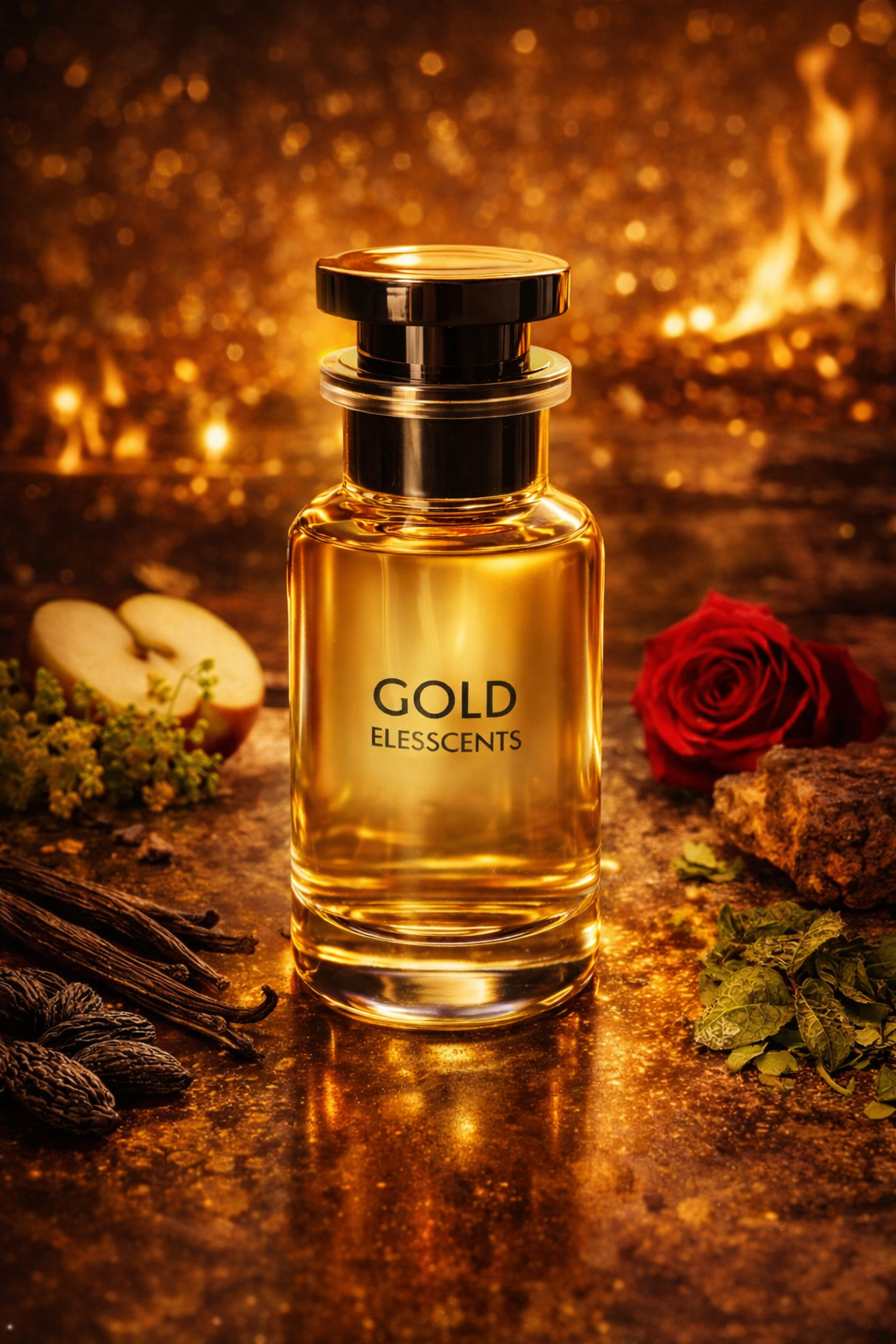 Gold-inspired ELESSCENTS RABANNE 1 Million Elixir perfume bottle with gold accents and elegant design.