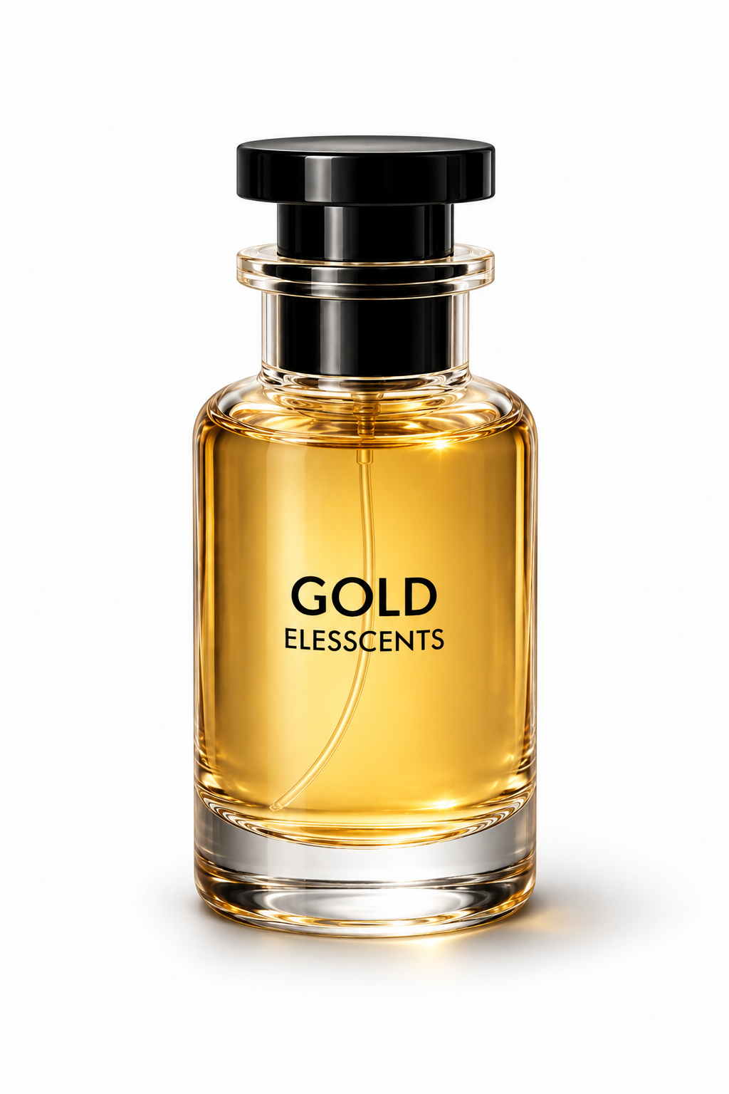 Perfume bottle labeled 'Gold Elesscents' on a white background