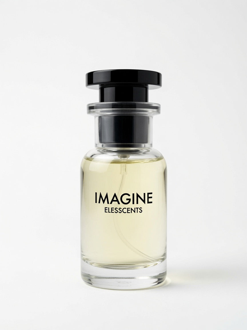 Perfume bottle labeled 'Imagine' by Elesscents on a white background