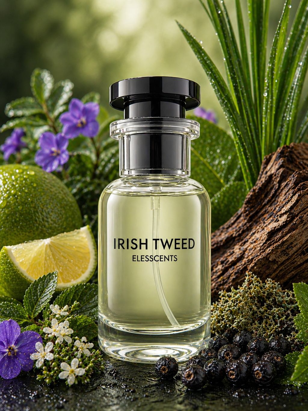 ELESSCENTS Irish Tweed inspired fragrance bottle with green and gold accents, evoking the classic Creed Green Irish Tweed scent.