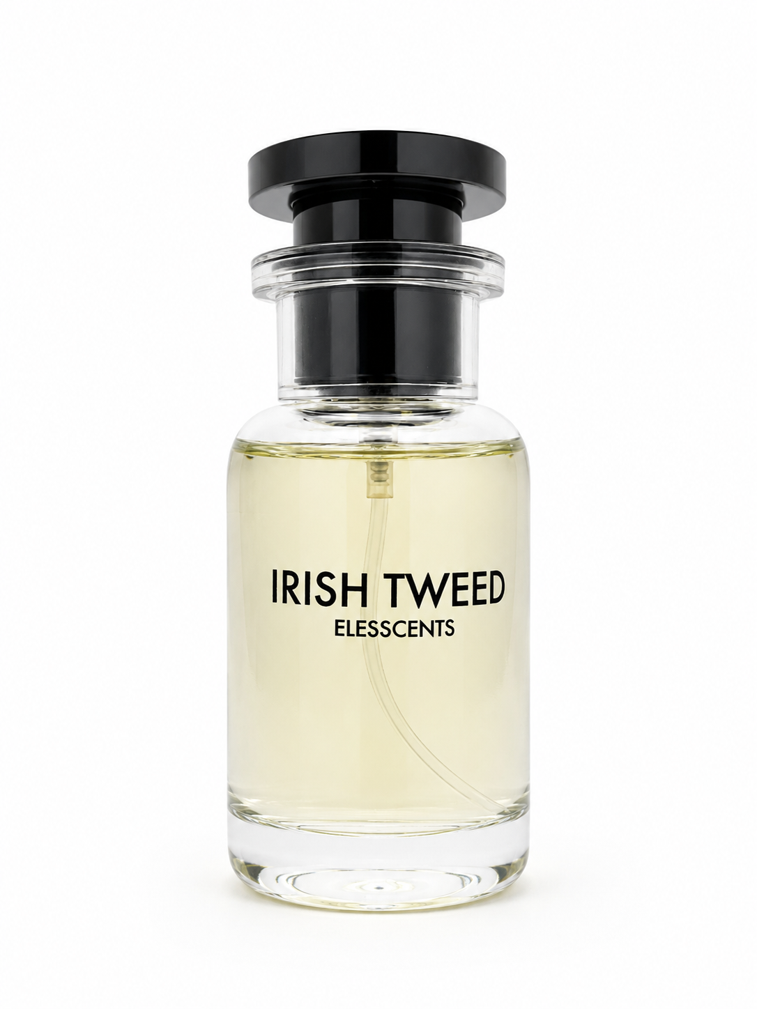 Perfume bottle labeled 'Irish Tweed' by Elesscents on a white background that’s inspired by Creed Green Irish tweed