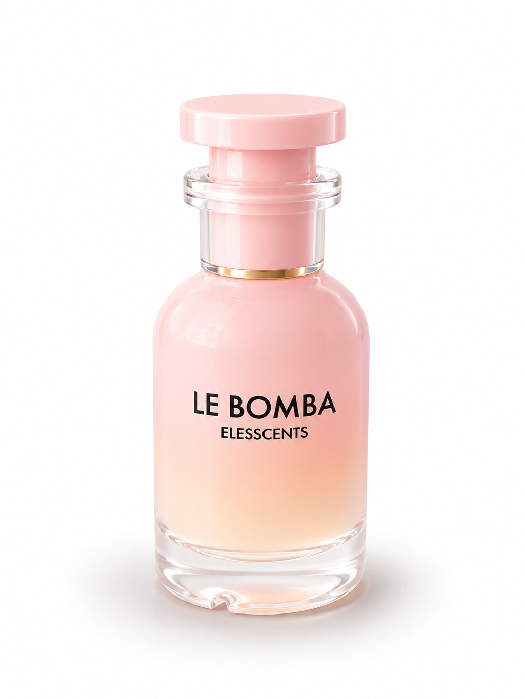 Pink perfume bottle labeled 'Le Bomba' by Elesscents on a white background