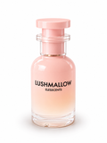 Pink perfume bottle labeled 'Lushmallow' on a white background