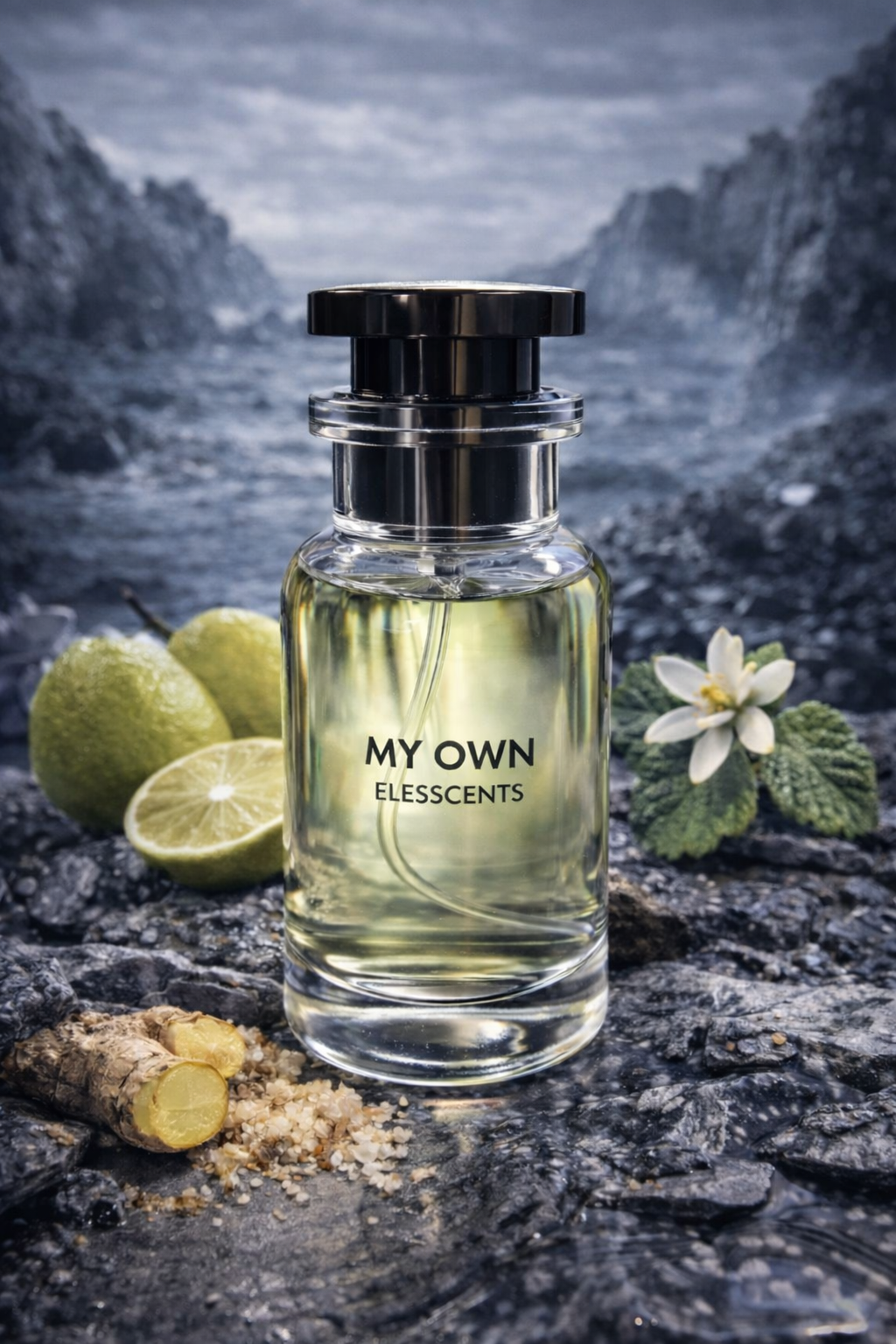 ELESSCENTS MY OWN INSPIRED BY YSL MYSLF perfume bottle with sleek black and gold design, showcasing elegant packaging.