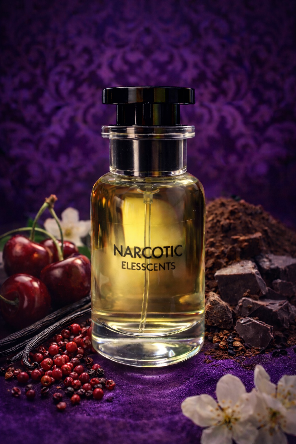 Elesscents Narcotic Inspired by Initio Parfums Narcotic Delight perfume bottle with elegant design and dark-colored cap.
