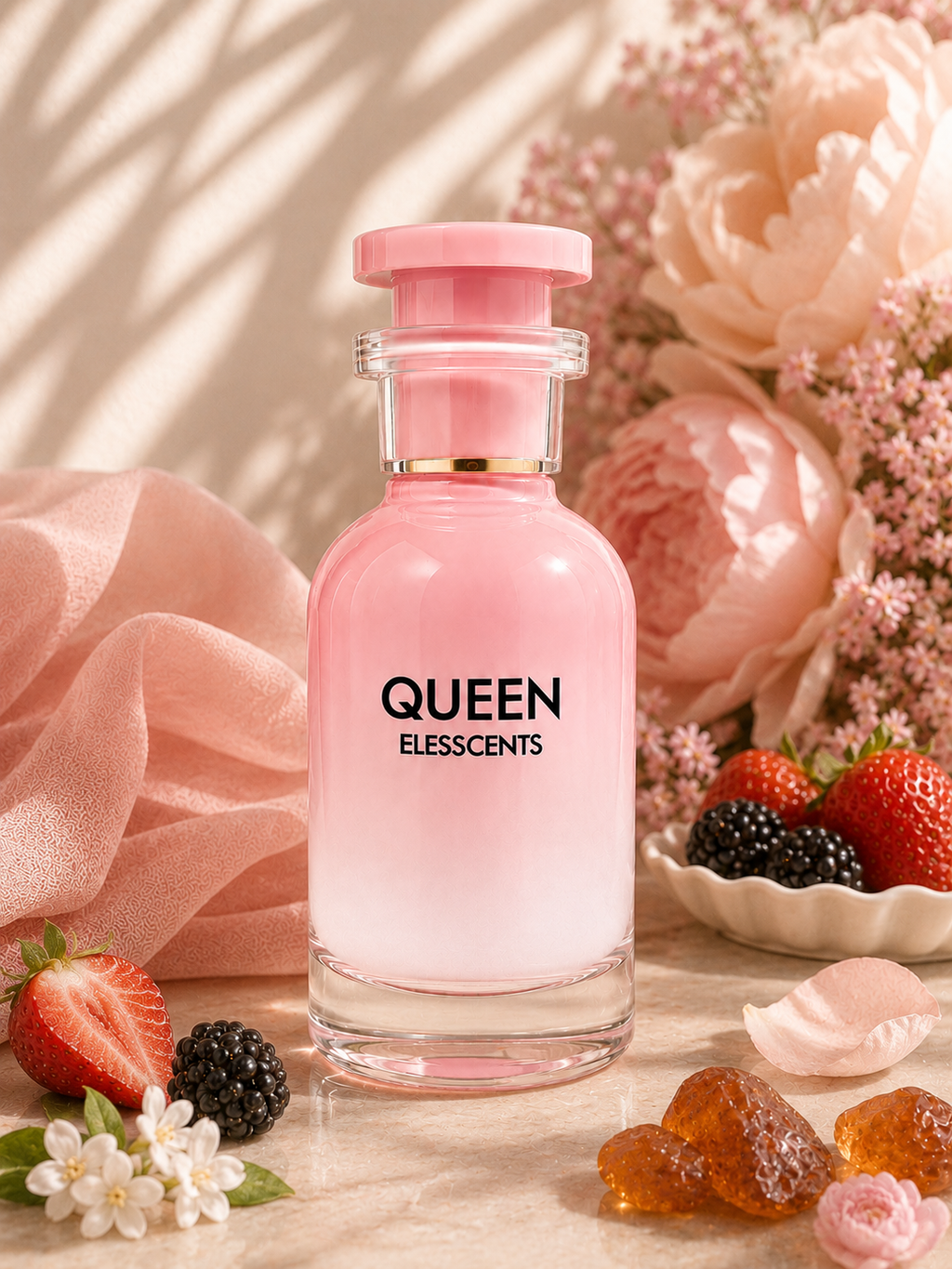 Pink perfume bottle labeled 'QUEEN ELESSCENTS' with flowers and fruits on a soft background