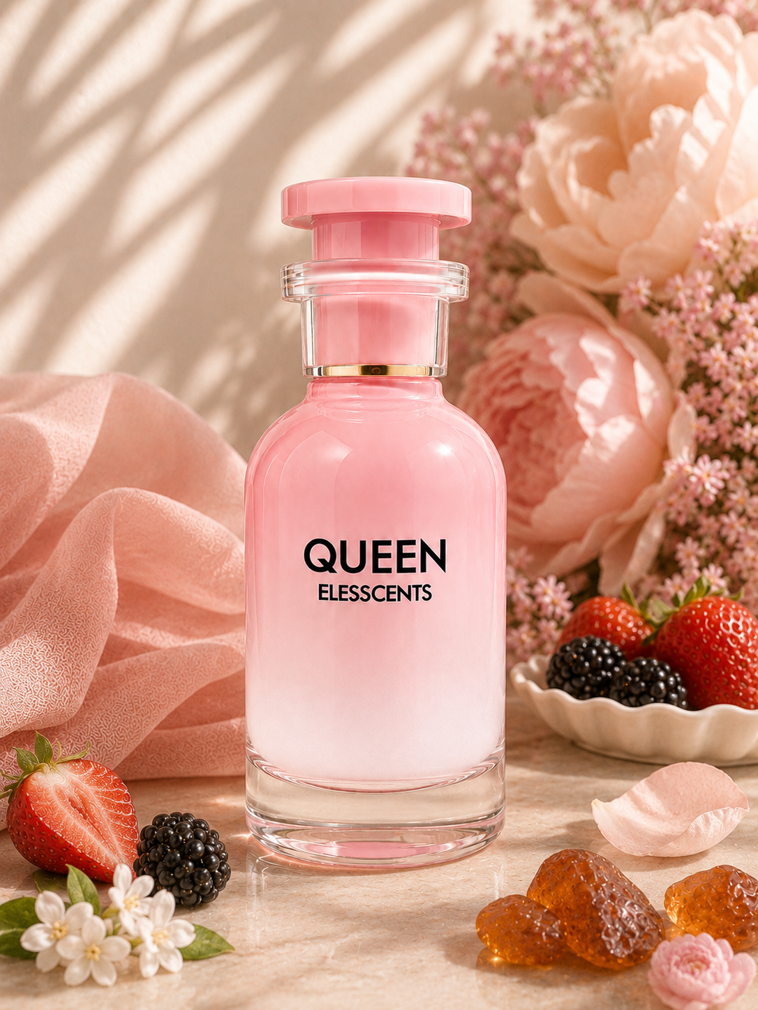 Pink perfume bottle labeled 'QUEEN ELESSCENTS' with flowers and fruits on a soft background