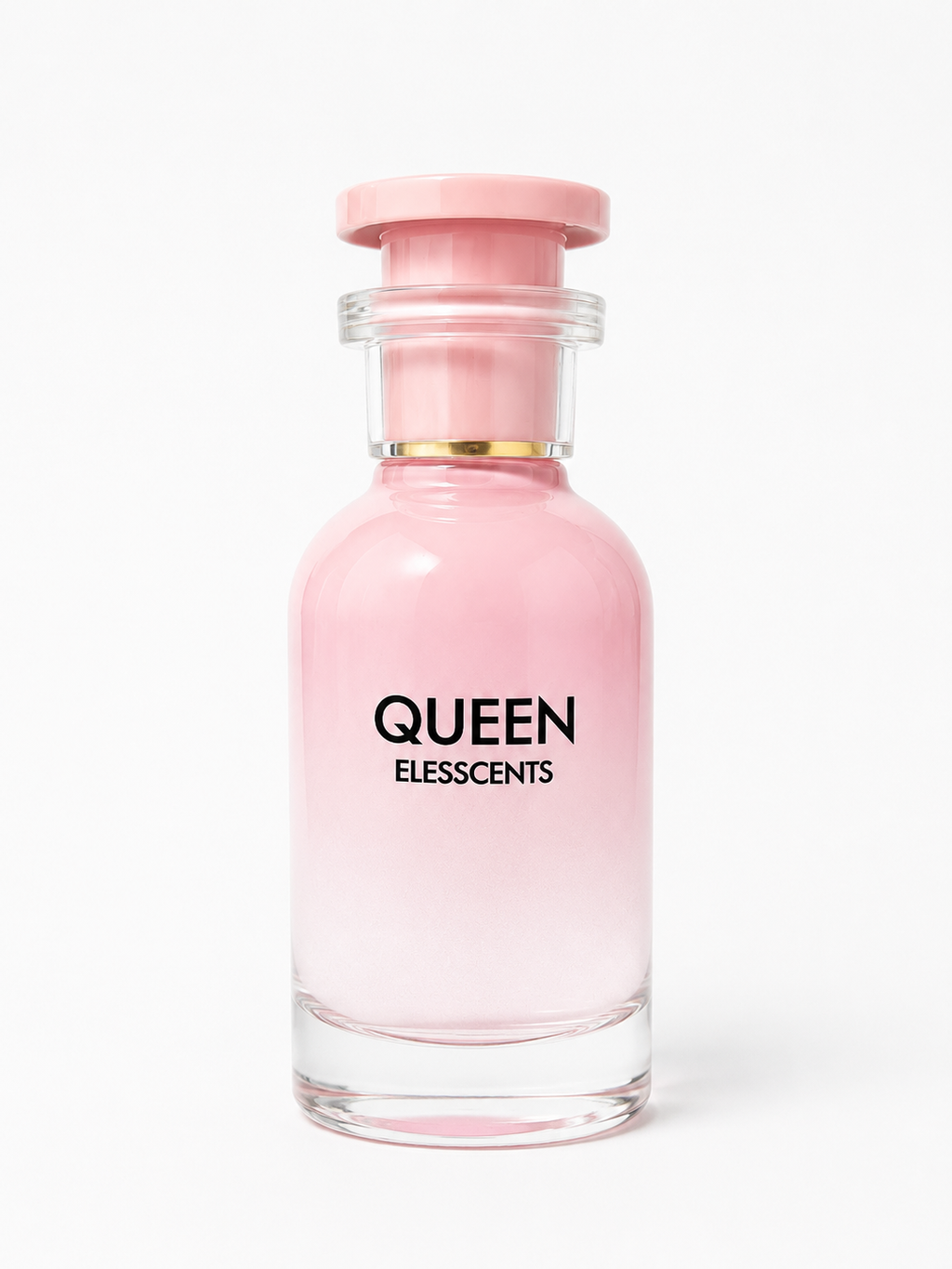 Pink perfume bottle labeled 'QUEEN ELESCENTS' on a white background