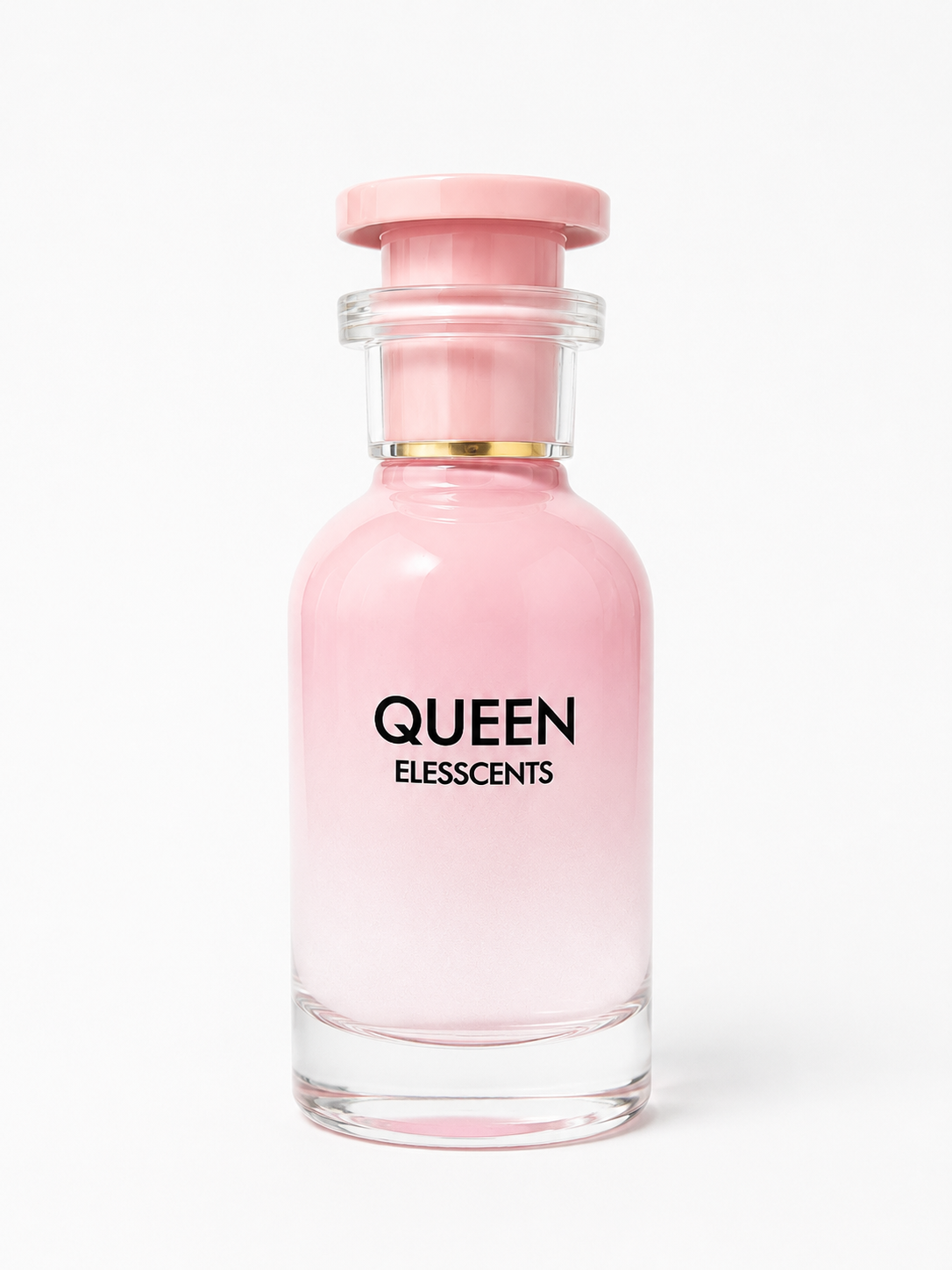 Pink perfume bottle labeled 'QUEEN ELESCENTS' on a white background