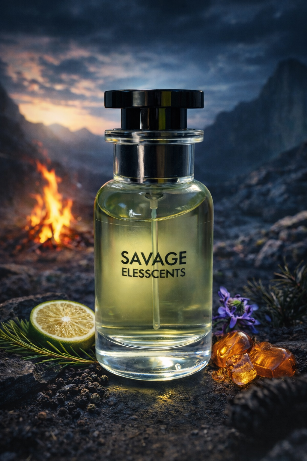 ELESSCENTS Savage Inspired by Dior Sauvage Eau de Parfum bottle with dark blue liquid and sleek glass design
