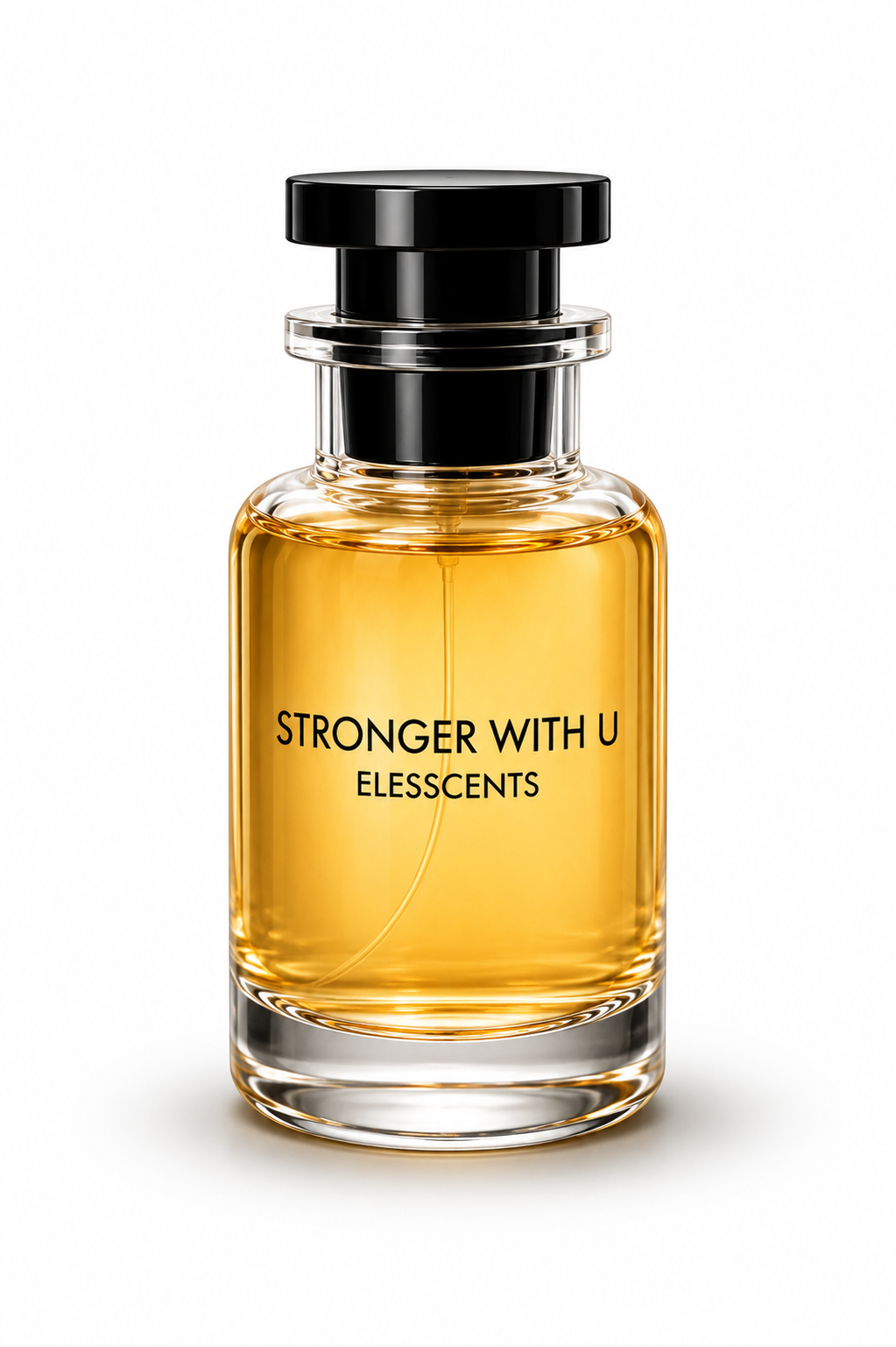 Perfume bottle labeled 'Stronger With U' by Elesscents on a white background
