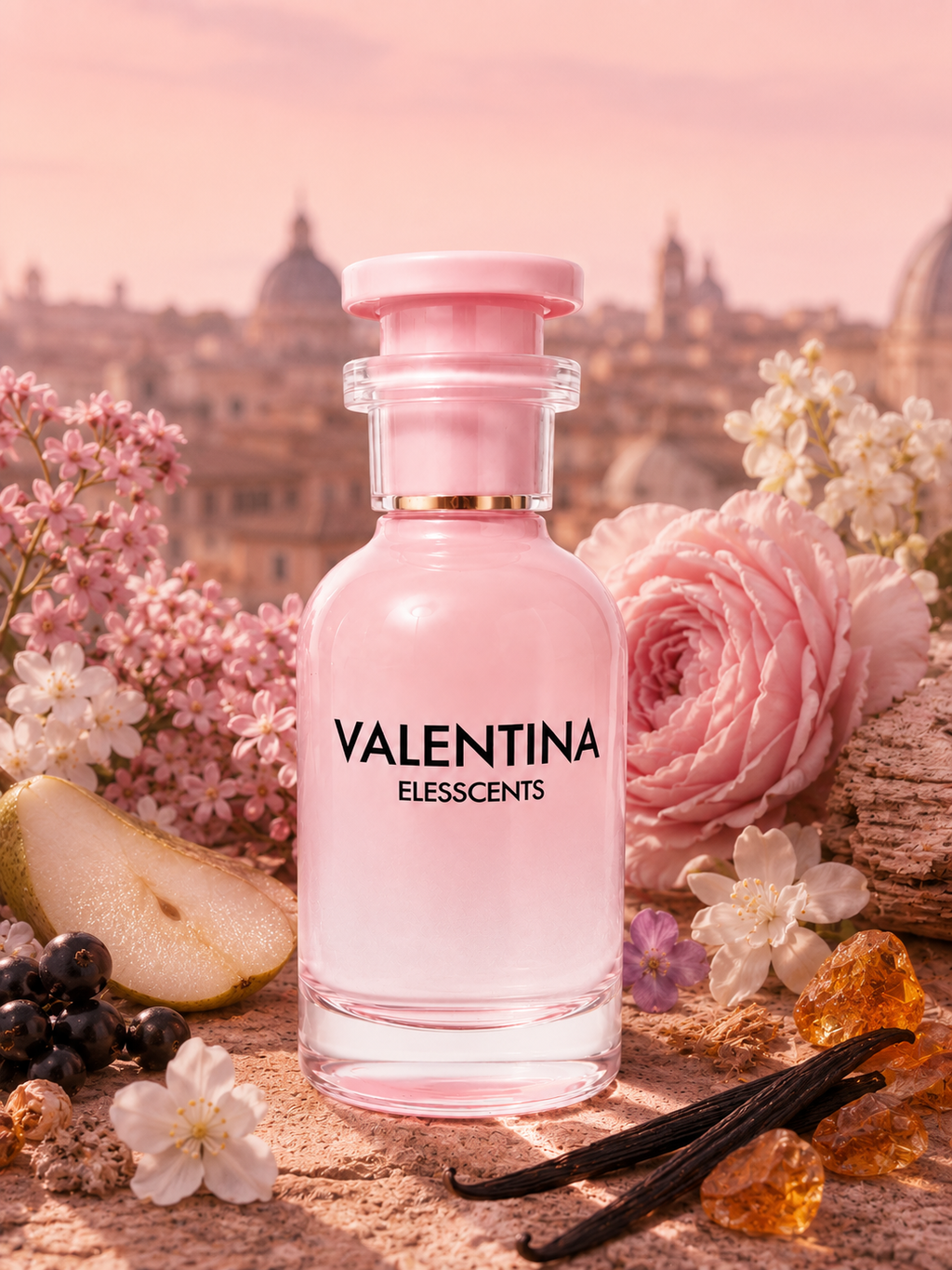 Pink Valentina perfume bottle with flowers and fruit on a wooden surface