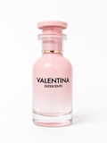 Pink perfume bottle labeled 'Valentina Elesscents' on a white background