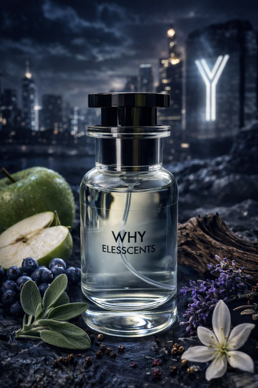 Perfume bottle labeled 'WHY Elesscents' with cityscape in the background