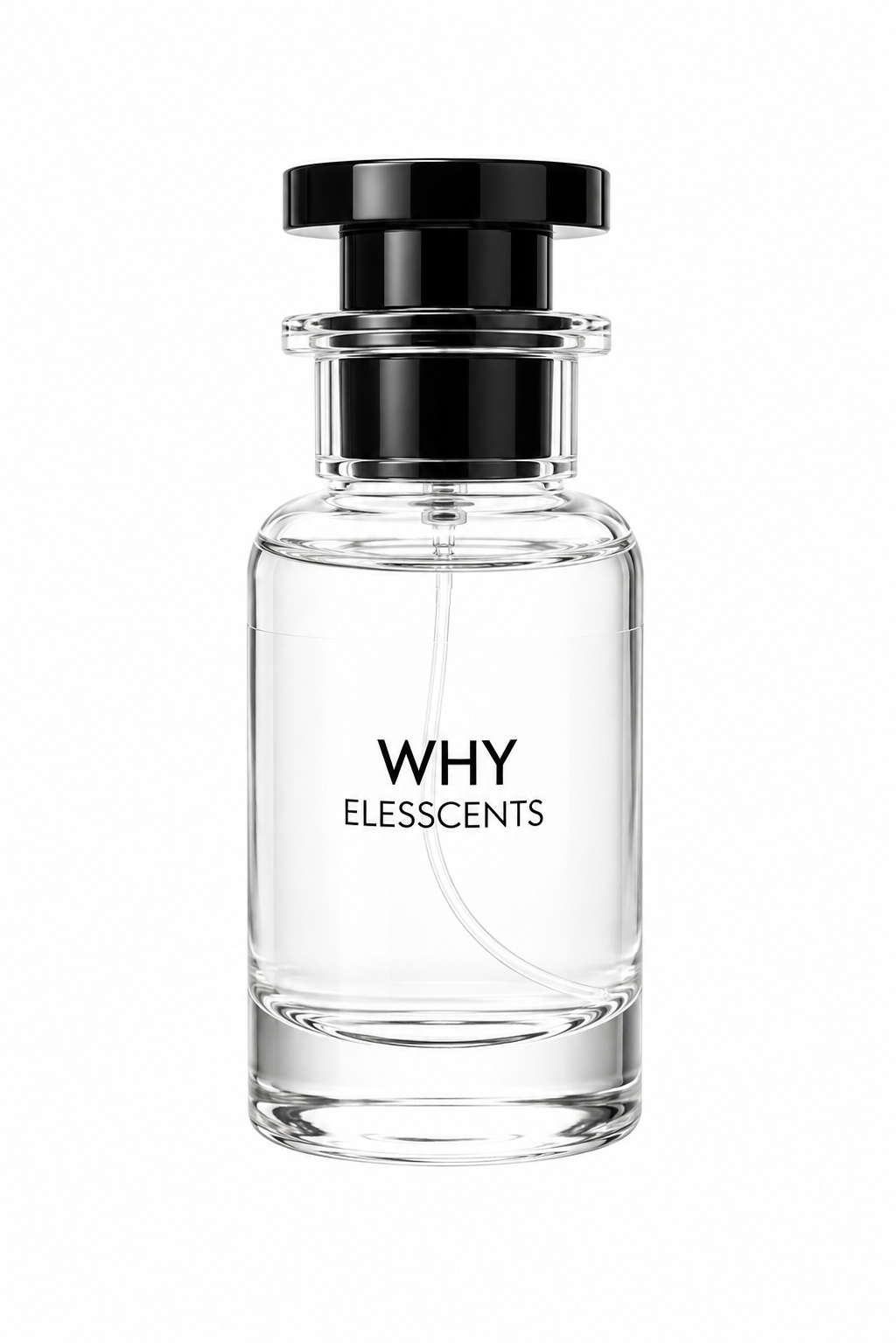 Clear perfume bottle with black cap on a white background, featuring the brand 'Elesscents'.